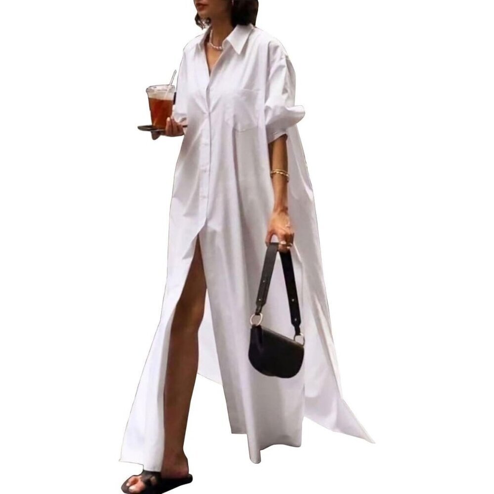 Women's Maxi Shirt Dress Long Sleeve Cotton Casual Summer Vacation